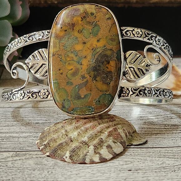 Wide Silver Cuff, Terra Harmony Earthy Color Jasper Cuff Bracelet - Picture 1 of 10